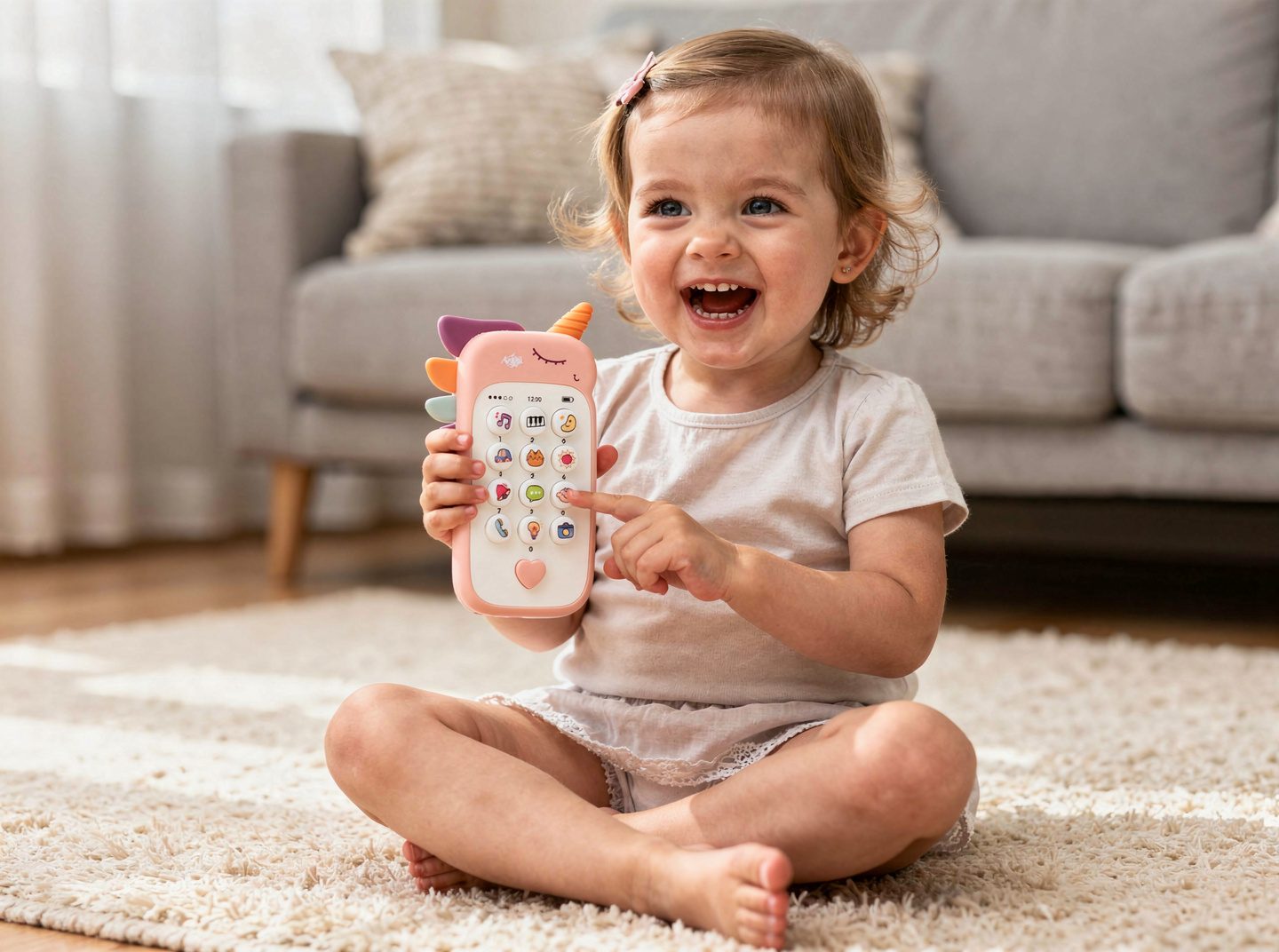 Smiling little girl holding a pink unicorn musical toy phone