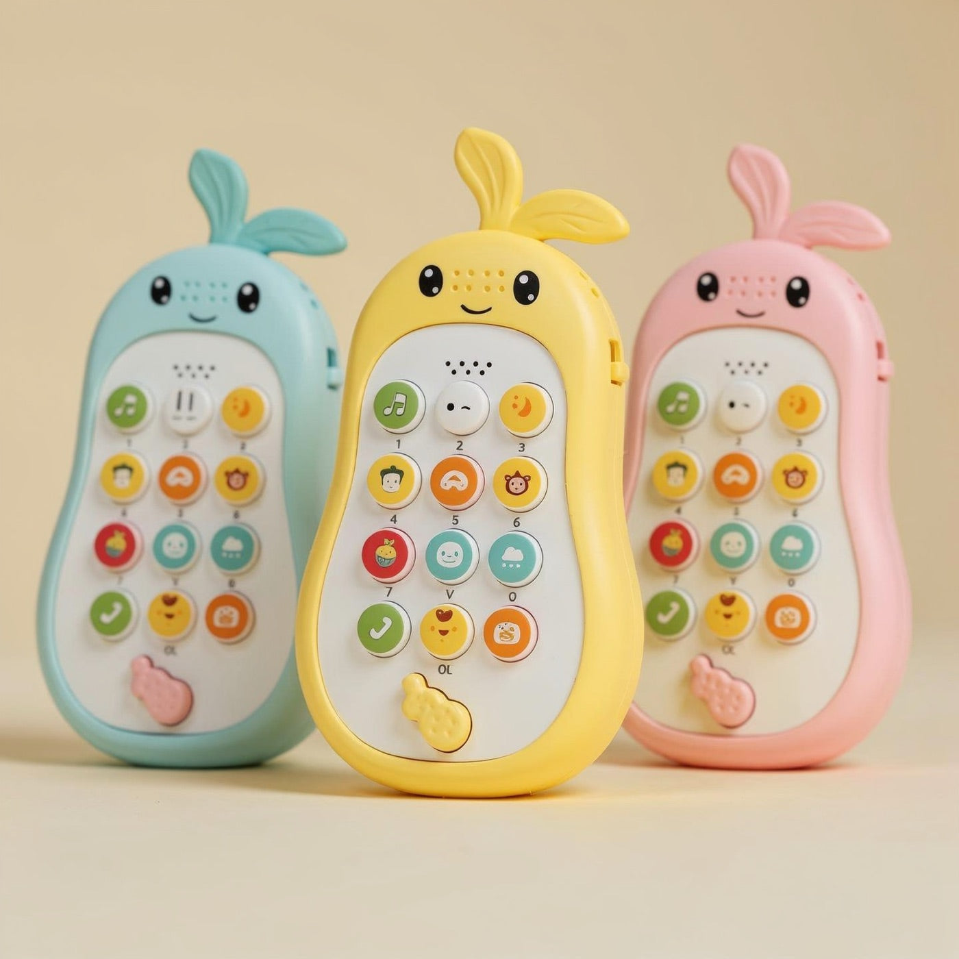 Blue, yellow and pink pear-shaped musical toy phones with a soft leaf on top