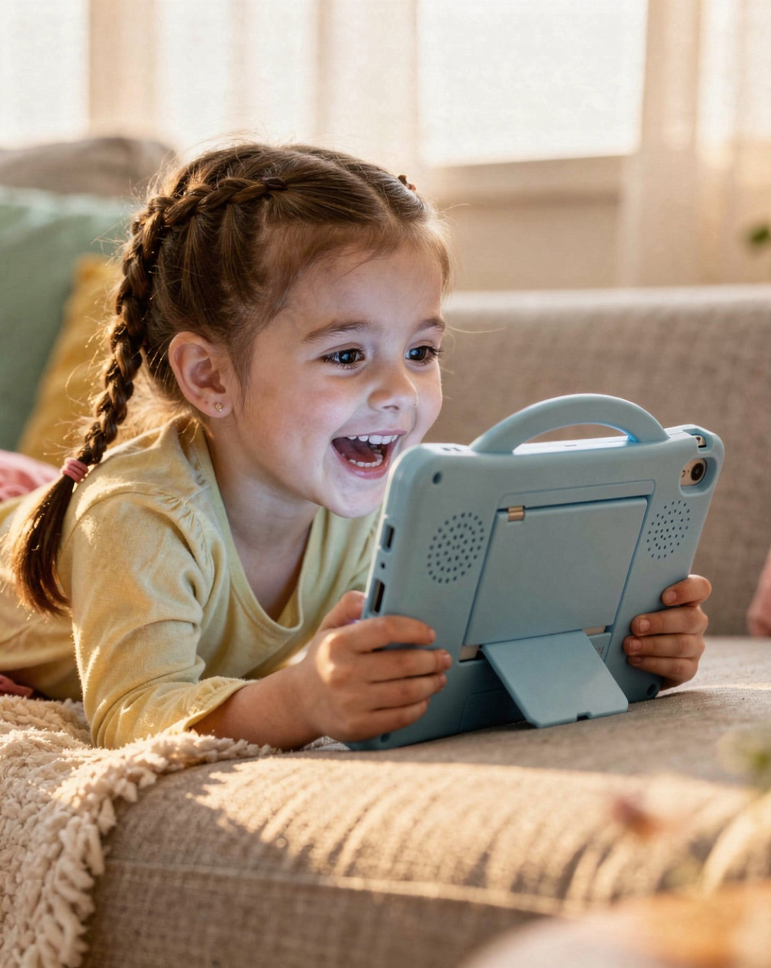 Girl laughing at a sky blue kids tablet on the sofa