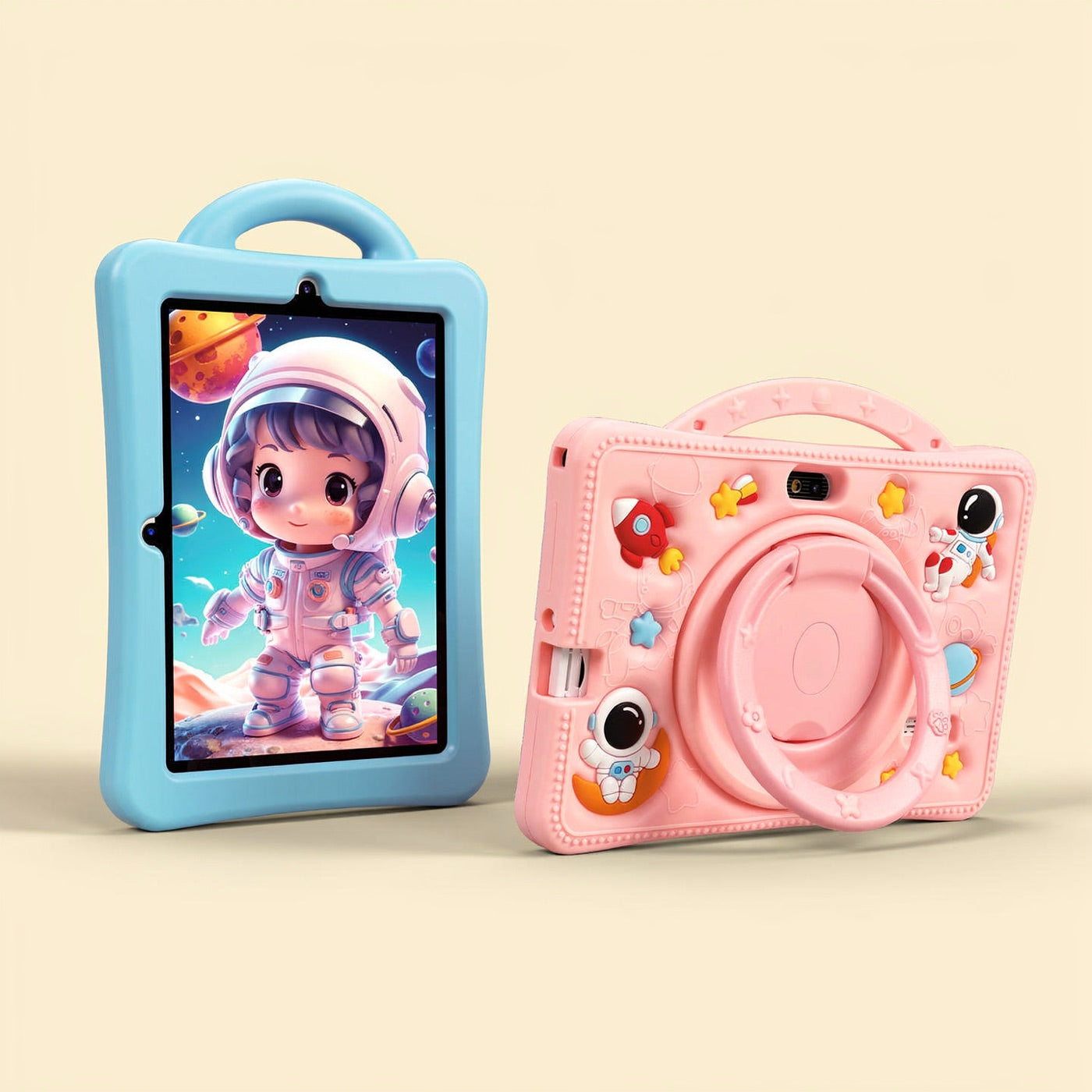 Sky blue and pink kids tablets with astronaut silicone cases