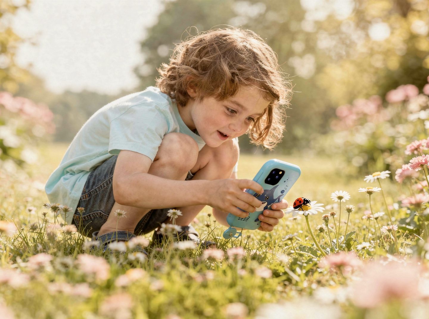 Boy photographing a ladybird with a blue kids toy phone