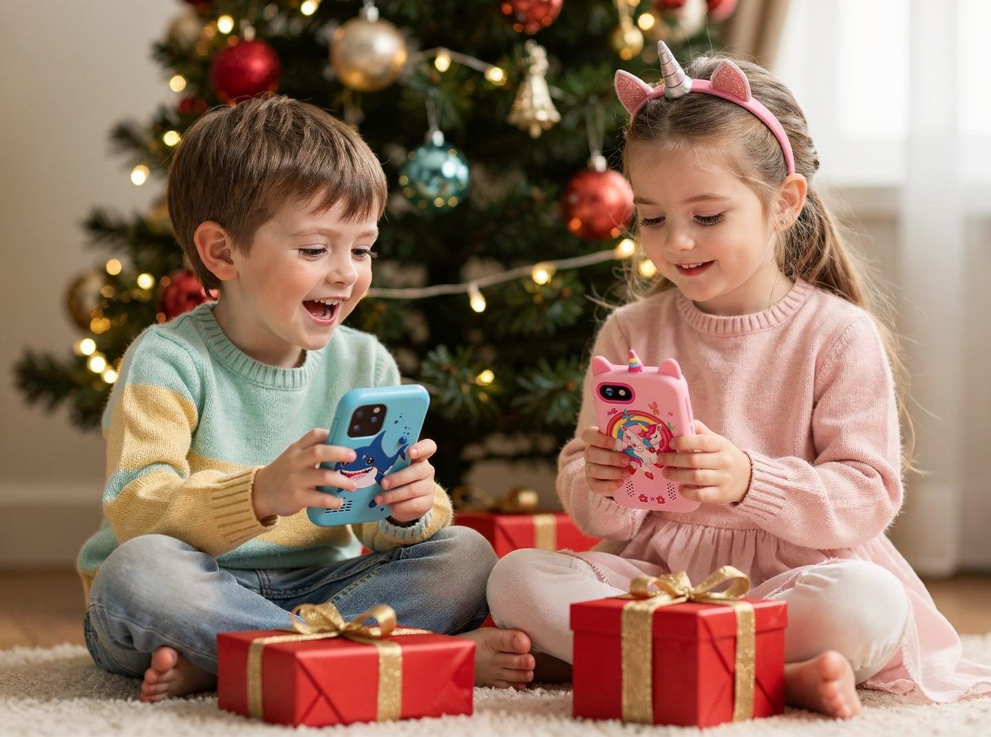 Two kids unwrapping kids toy phones by the Christmas tree