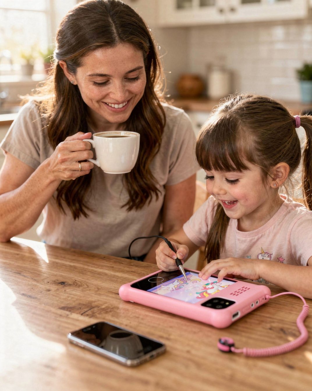 Mum drinking coffee while her daughter draws on a pink kids toy phone