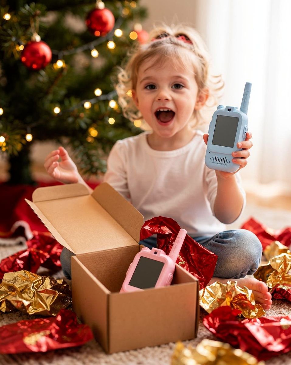 Child unwrapping video walkie-talkies on Christmas morning