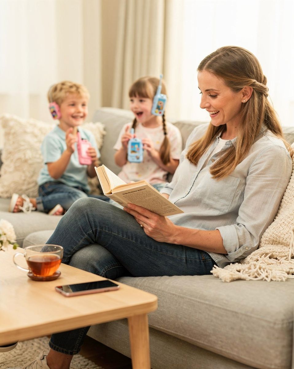 Parent reading while two kids play with video walkie-talkies