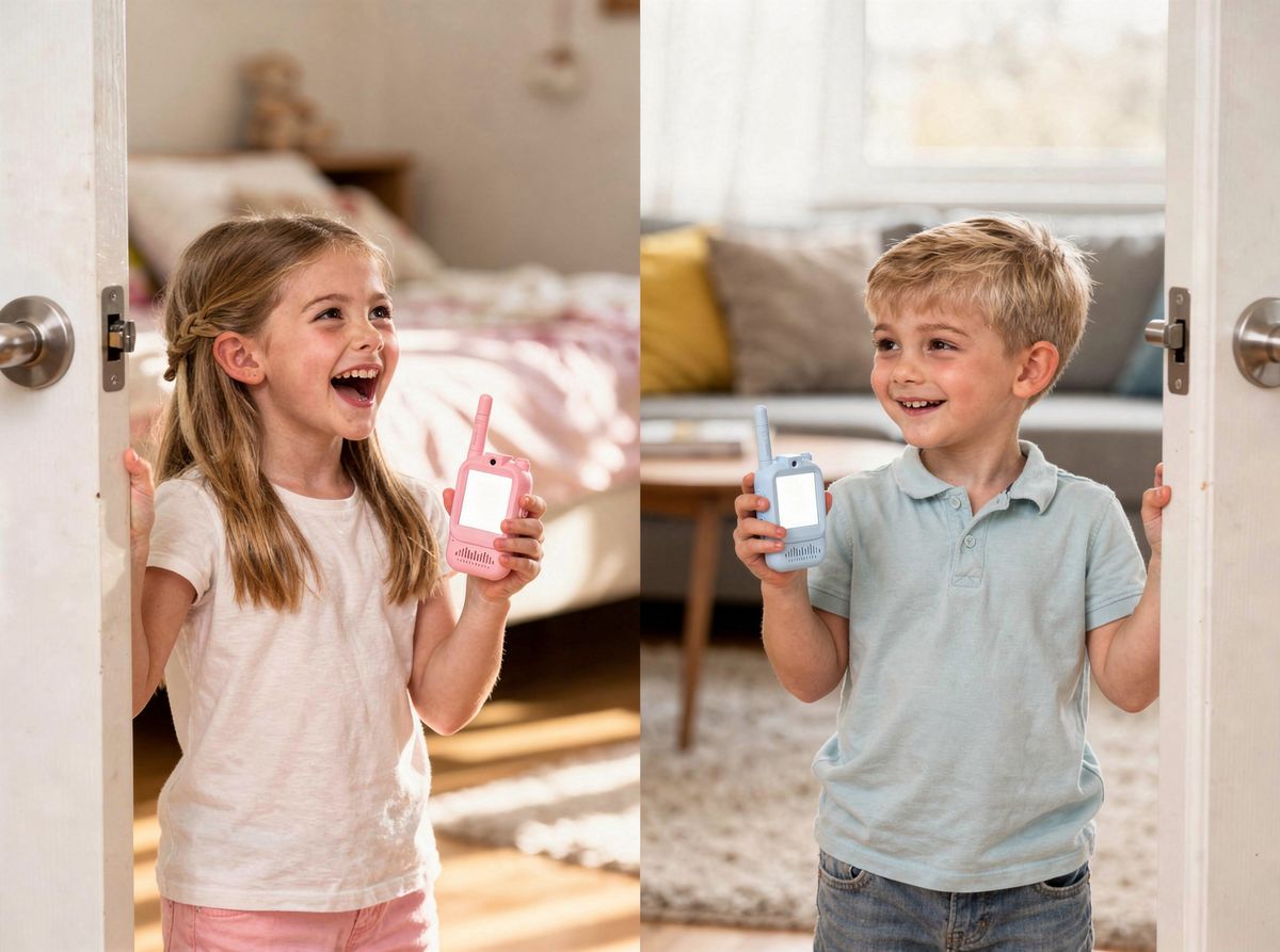 Two siblings in different rooms talking on video walkie-talkies