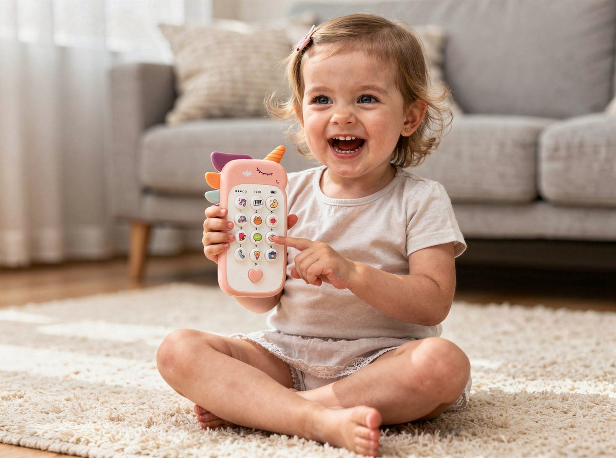 Smiling toddler pressing the picture buttons of the pink unicorn Little Line Toddler phone