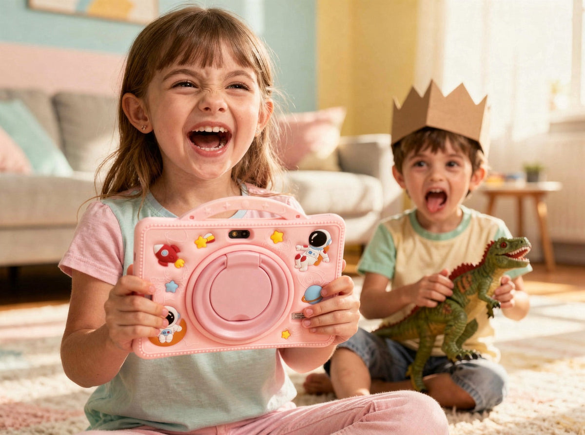 Girl filming her brother with the pink Movie Studio tablet (illustration)