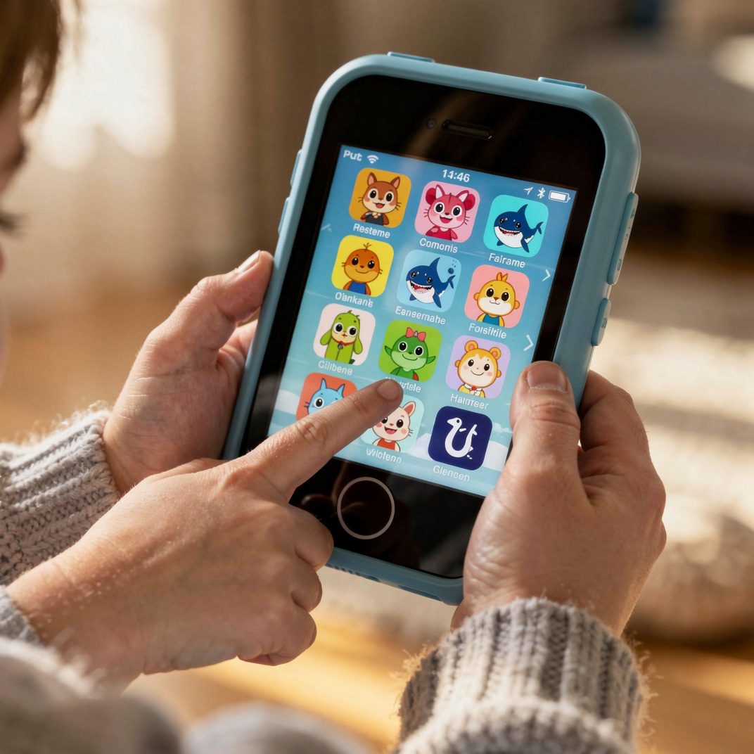 Child tapping the touchscreen of a Little Line Big Kid phone