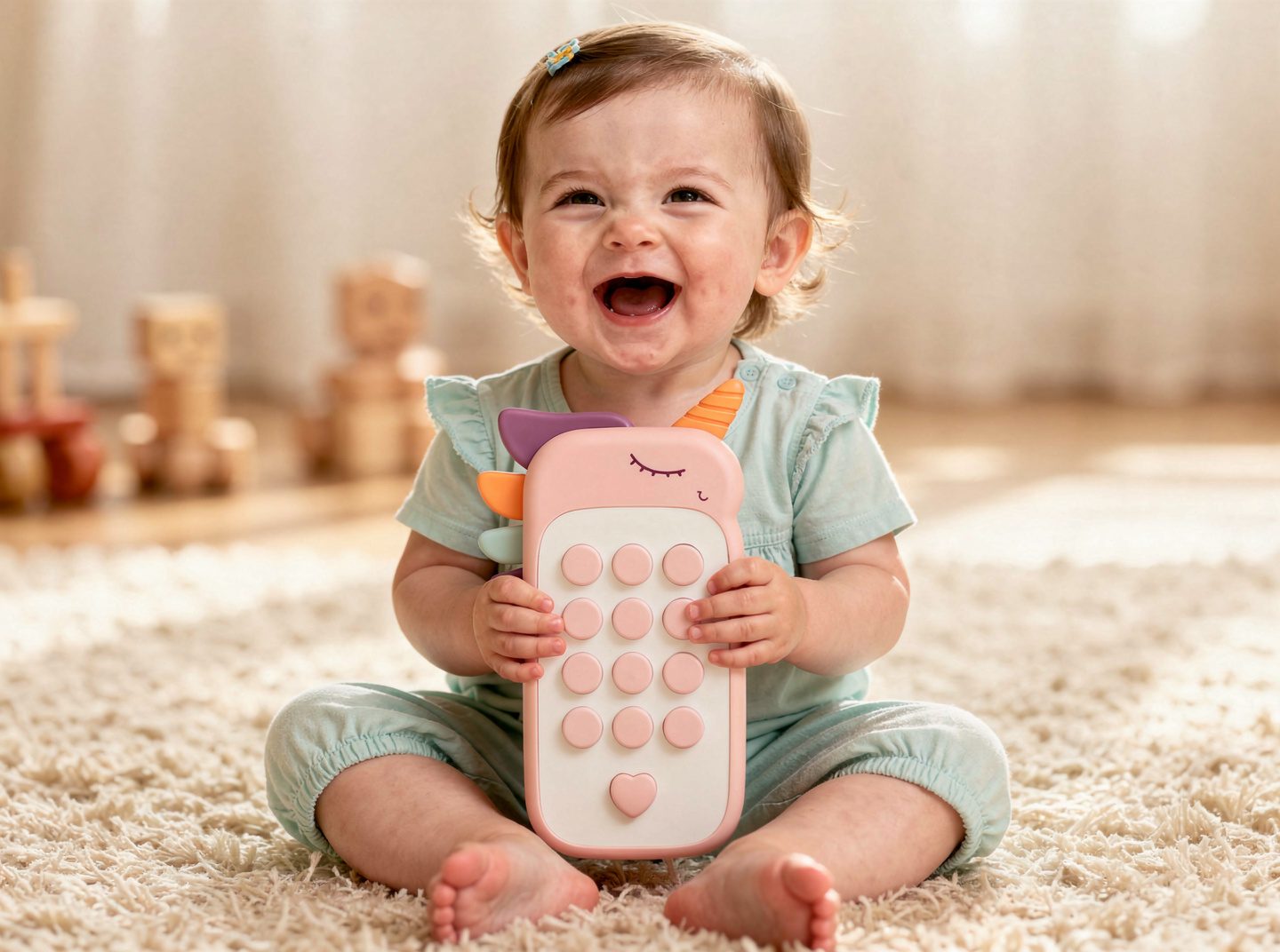 Smiling little girl holding a pink unicorn musical toy phone