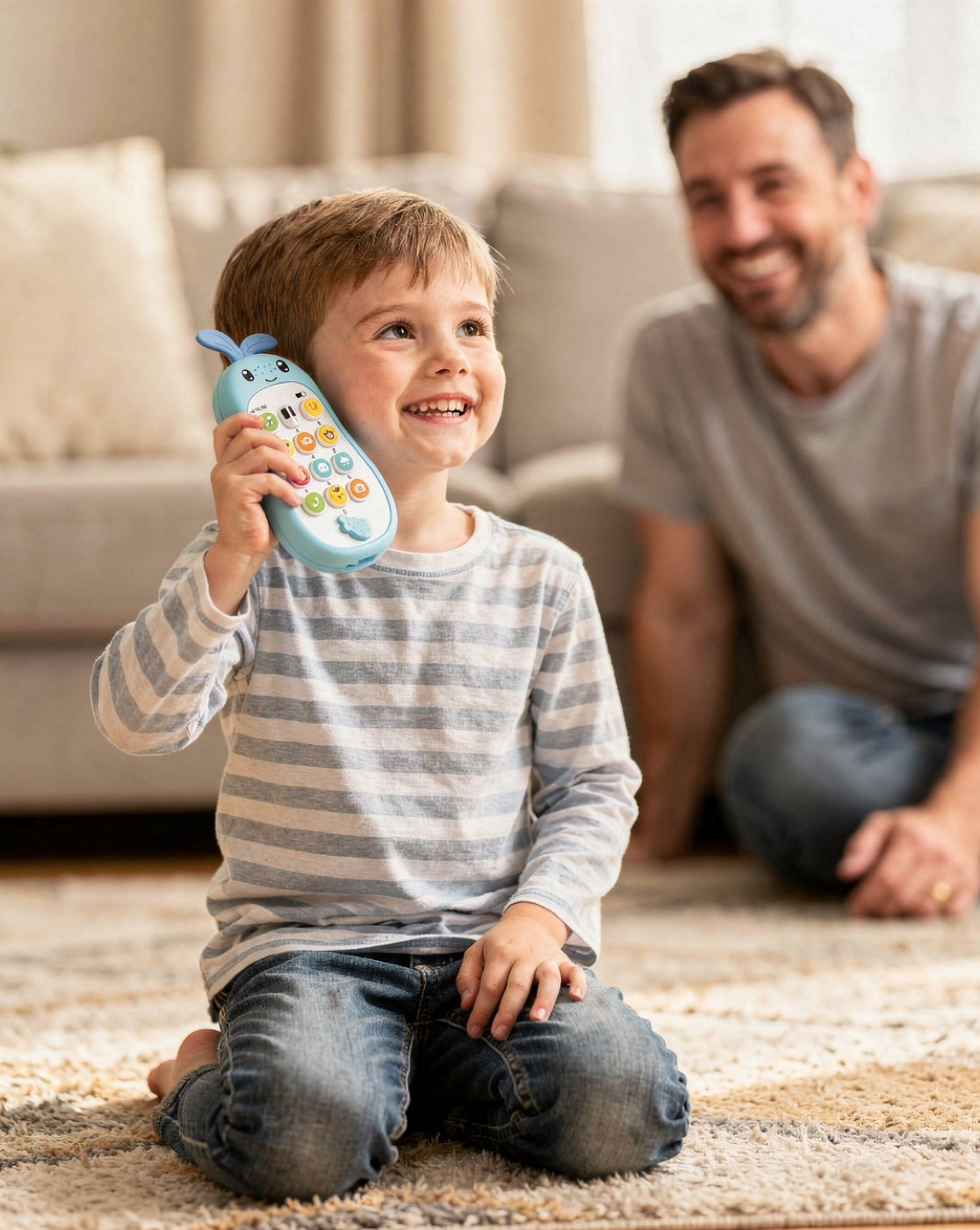 Little boy holding a blue pear-shaped toy phone to his ear