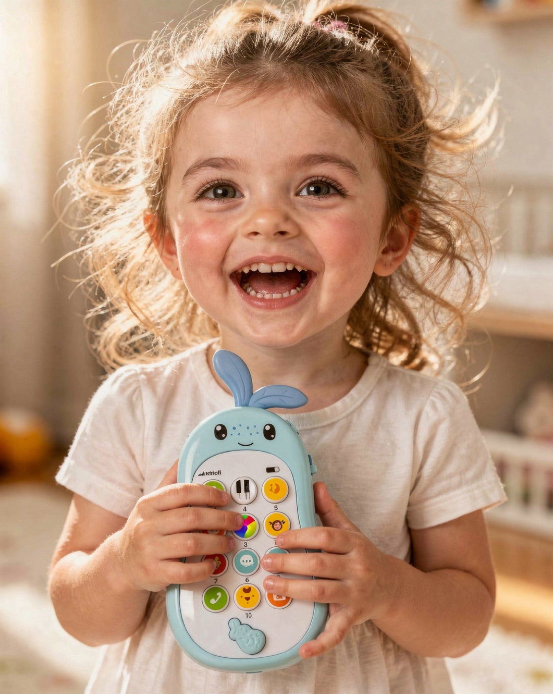 Preschool girl laughing while holding a blue musical toy phone (AI illustration)