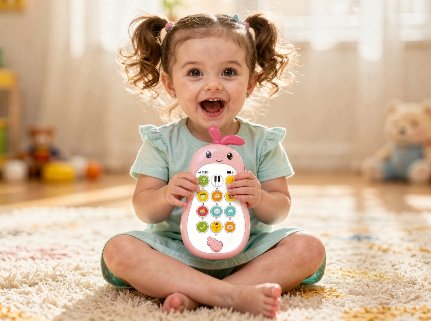 Little girl giggling while pressing the buttons of a pink pear-shaped musical toy phone