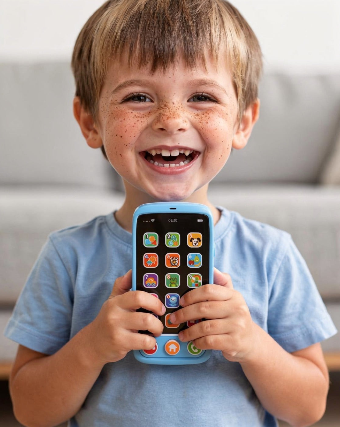 Boy laughing while holding a blue musical learning toy phone (AI illustration)