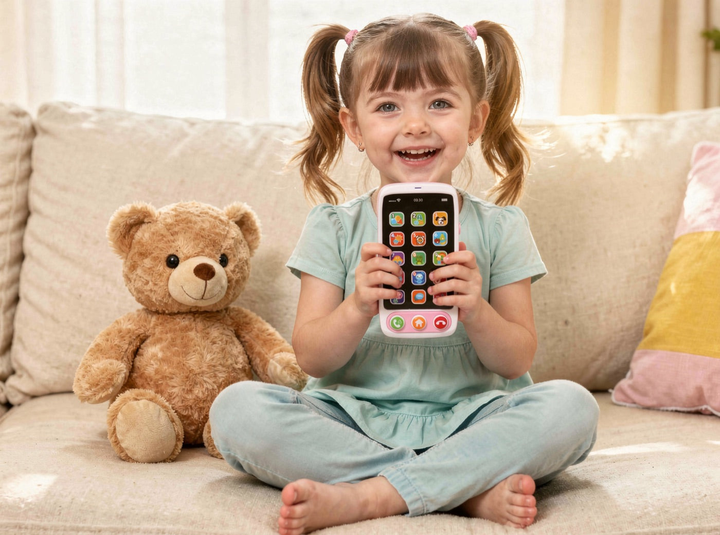 Proud little girl pressing the picture buttons of a pink musical toy phone