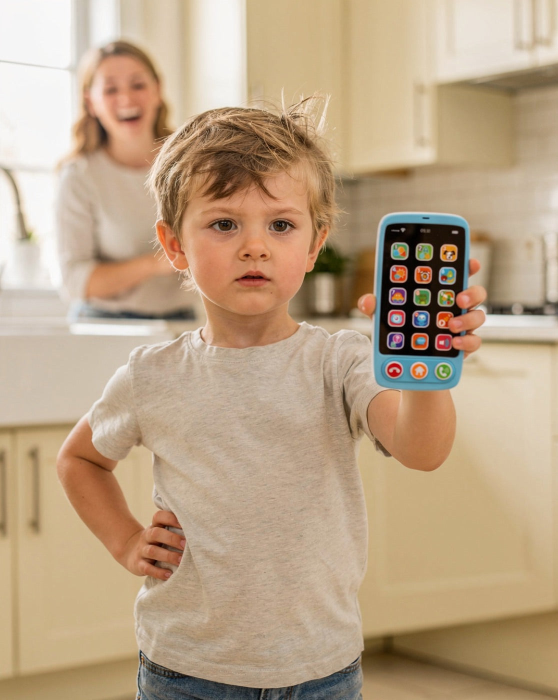 Little boy holding a blue toy phone to his ear and pretending to make a call