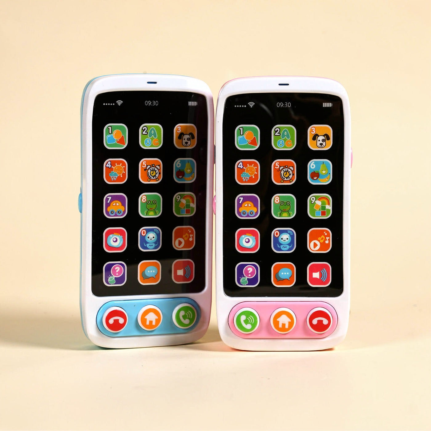 Blue and pink musical learning toy phones side by side