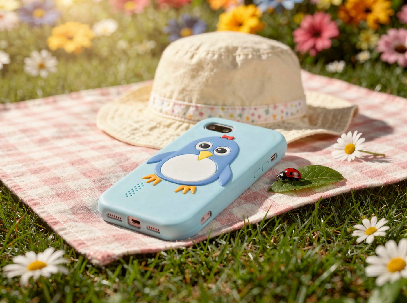 Blue penguin kids phone on a picnic blanket in a flower garden