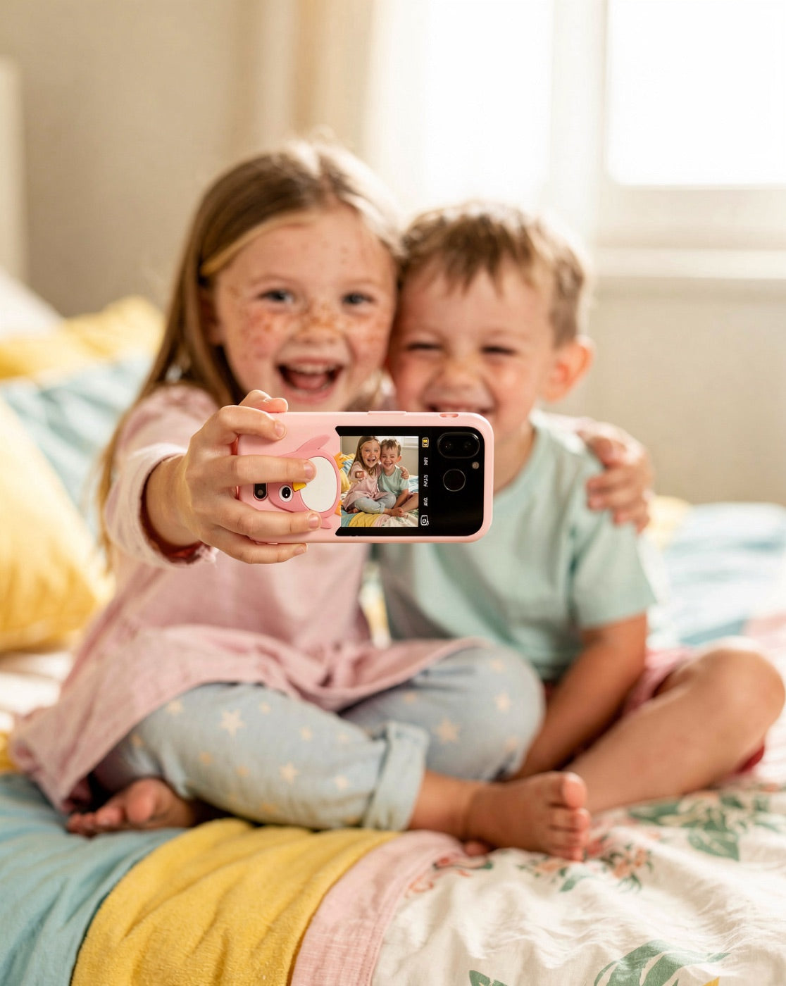 Girl and her little brother taking a selfie with a pink penguin kids phone