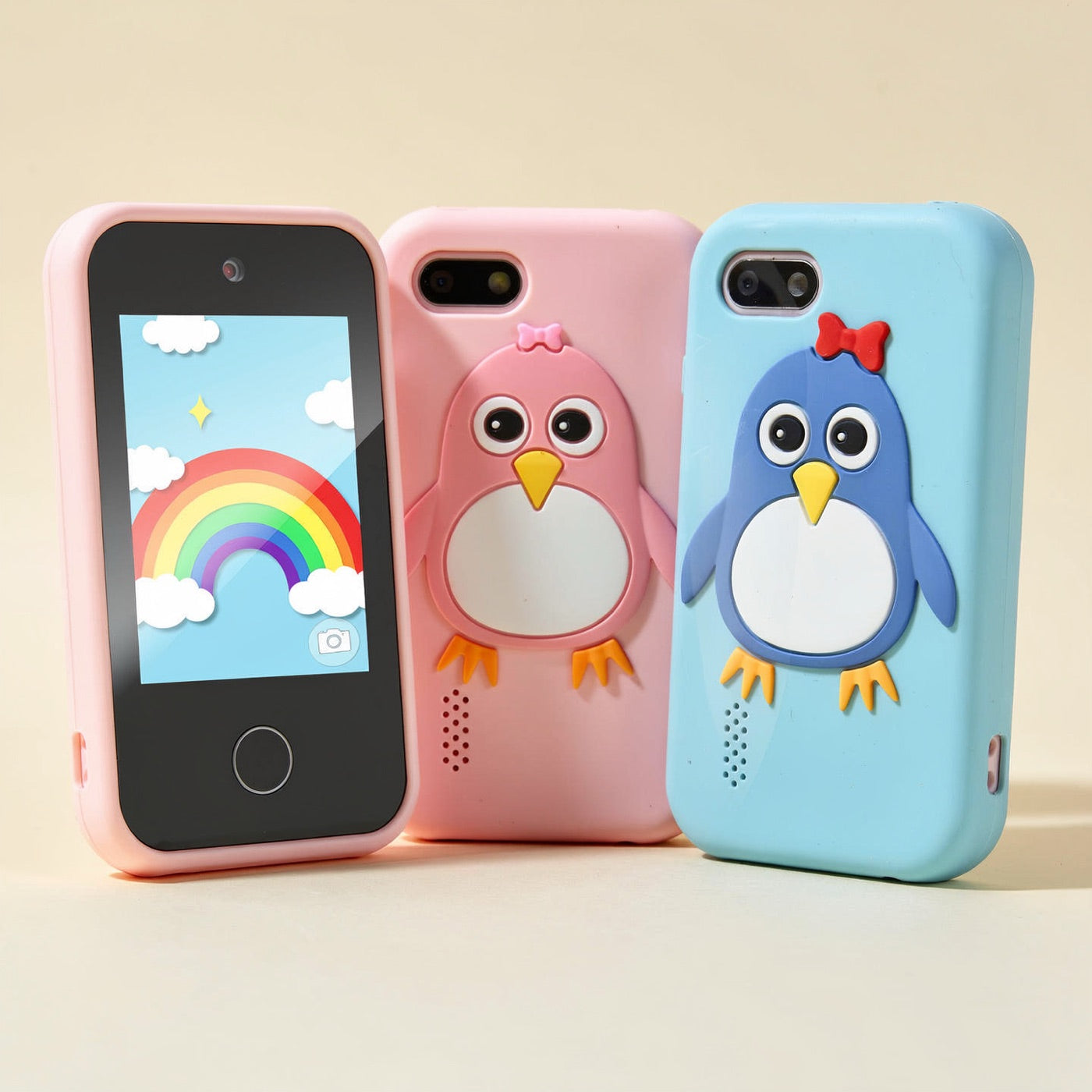 Pink and blue penguin kids touchscreen phones, front and back