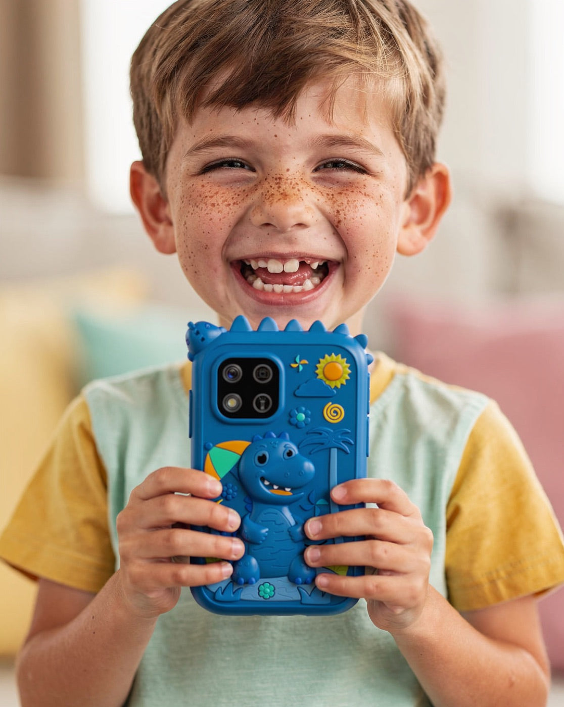 Boy laughing as he photographs his puppy with a blue dino kids phone