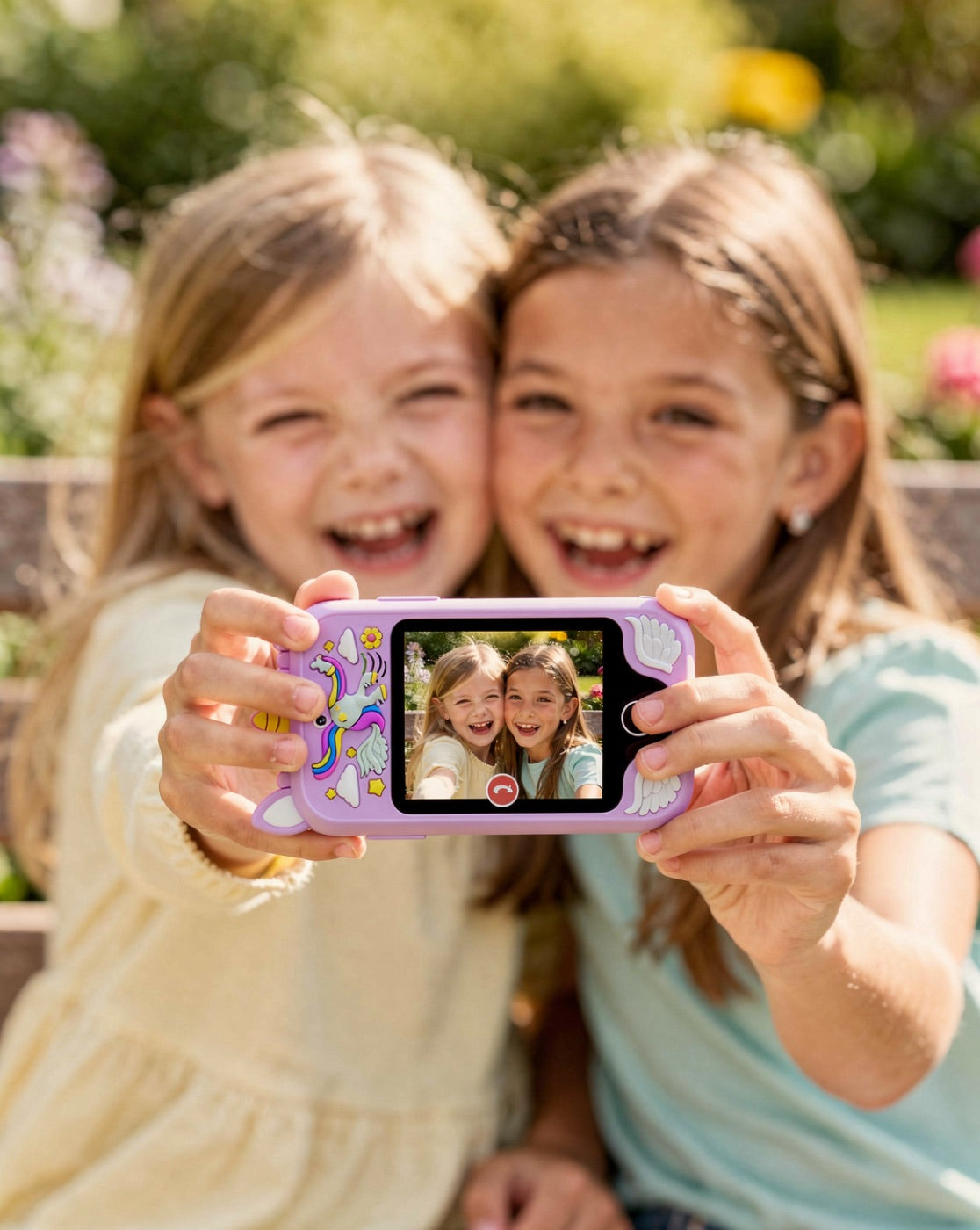 Two girls taking a selfie with a violet unicorn kids phone
