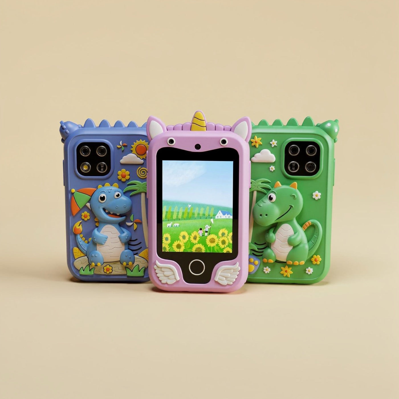 Sapphire blue dino, violet unicorn and green dino kids touchscreen phones