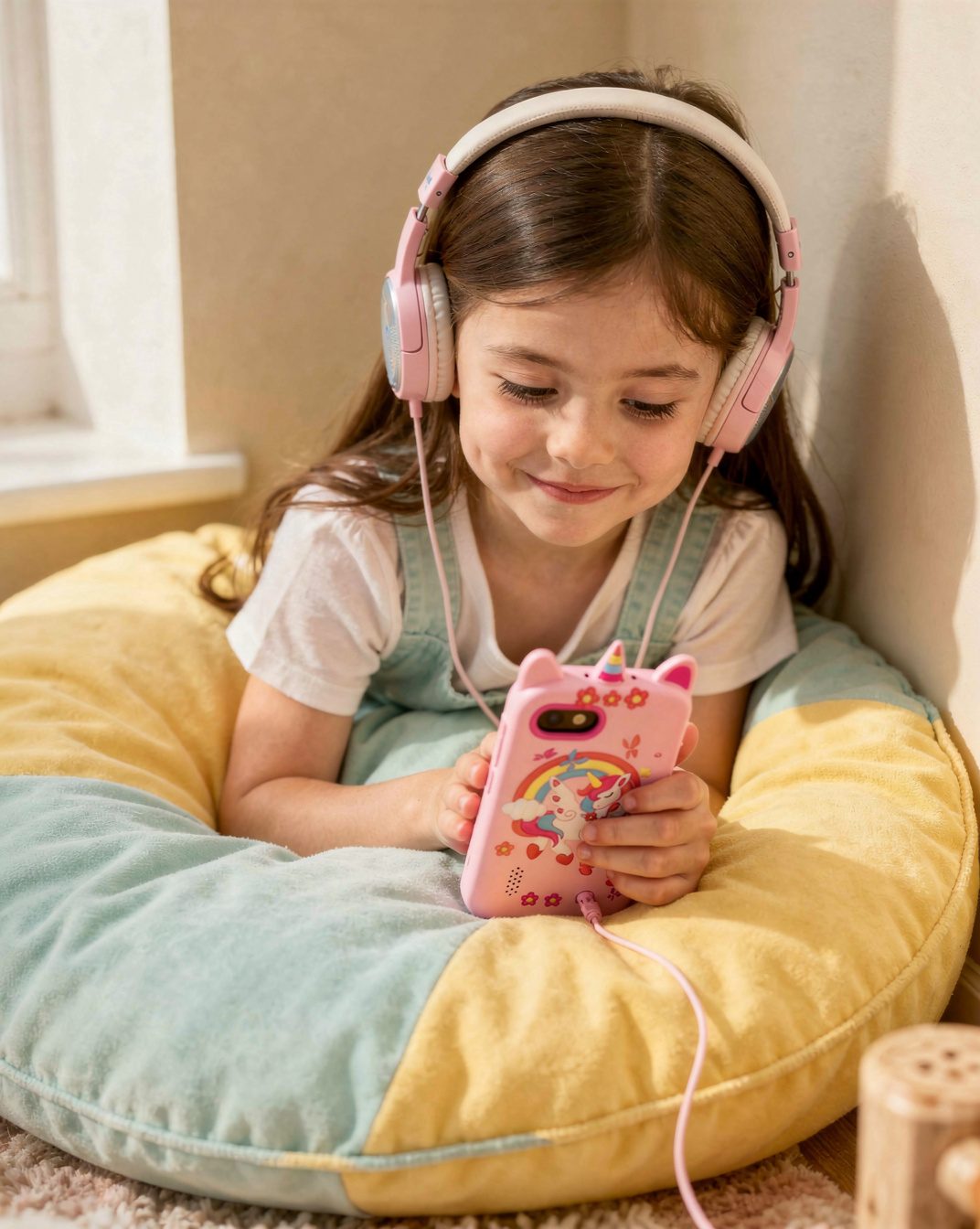 Girl listening to music on a pink unicorn kids phone with headphones