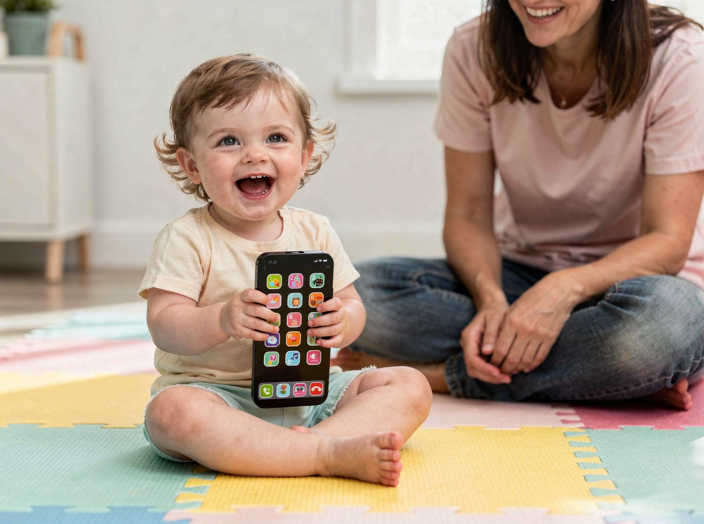 Toddler laughing with a black learning toy phone next to their mum