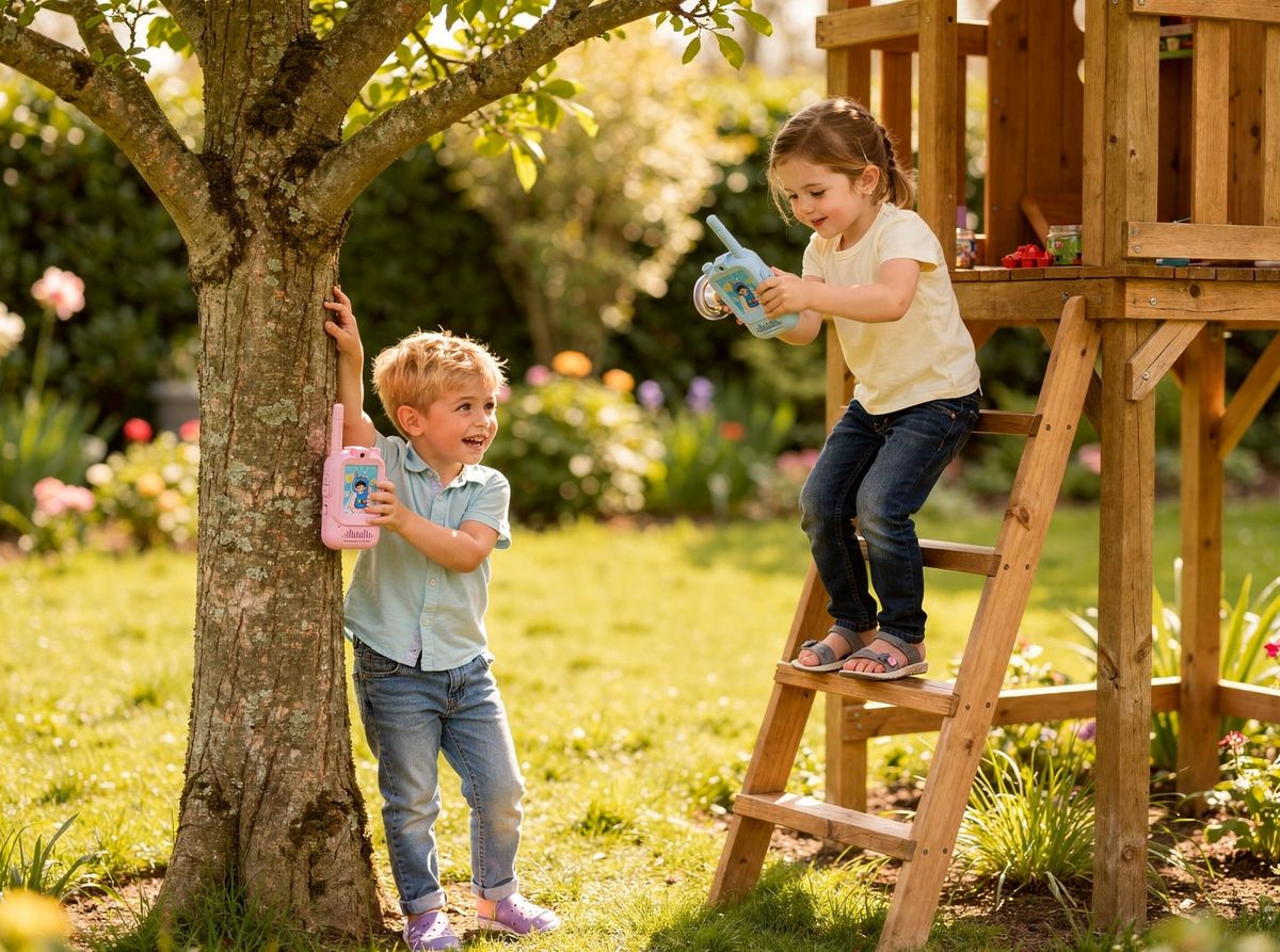 Kids playing outdoors with walkie-talkies